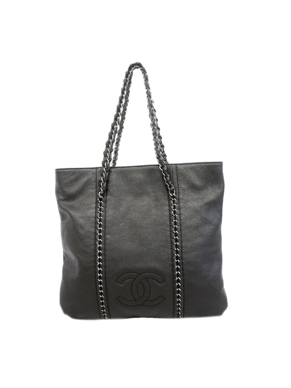 Chanel Chain Tote Leather Black Silver